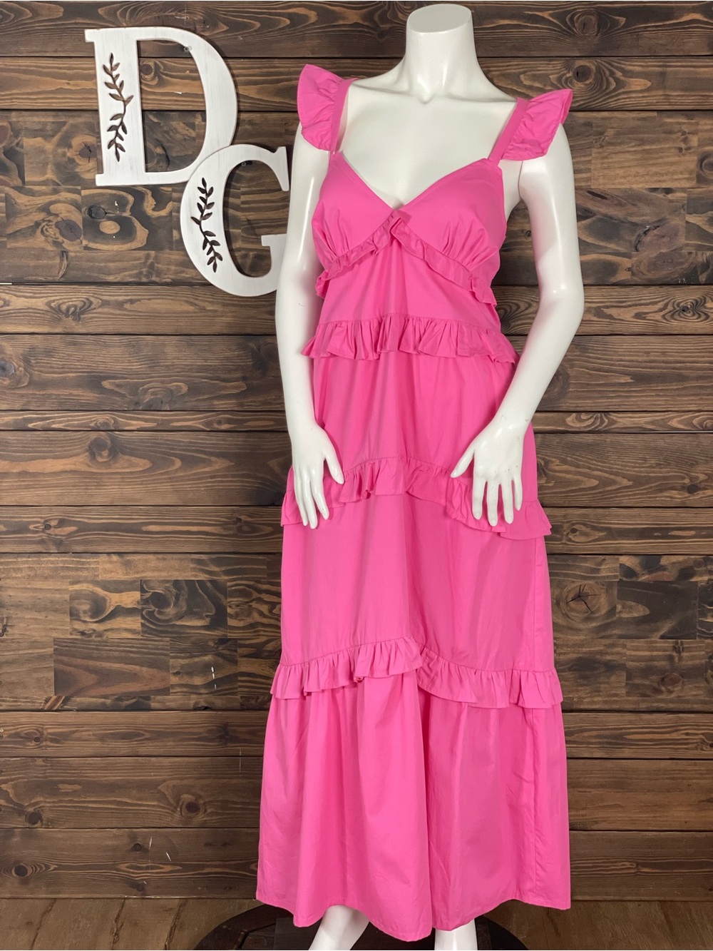 Boohoo Tall Frill Midaxi Maxi Dress Hot Pink Ruffle Tiered V-Neck Flutter Sleeve